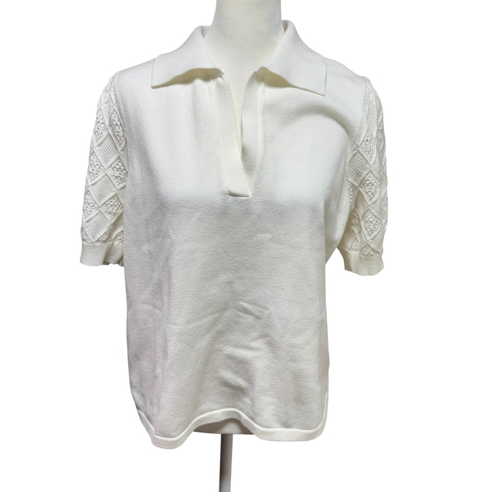 Adrianna Papell Ivory Knit Polo Short Sleeve Diamond Top L #128